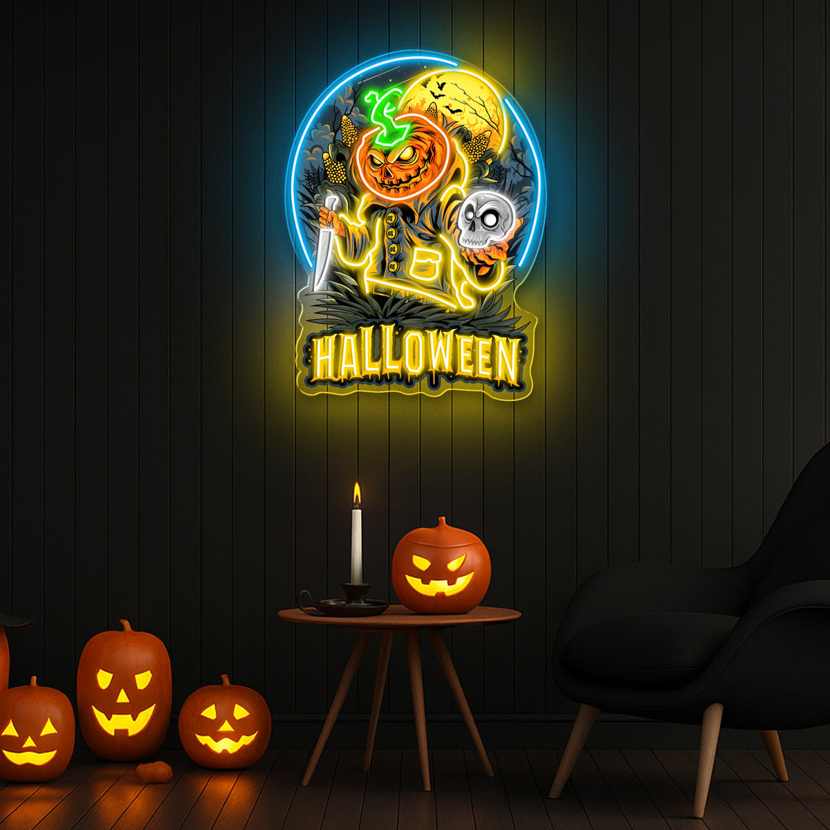 Haunting Halloween Pumpkin Neon Sign – Spooky Jack-O’-Lantern LED Wall Light for Home, Party & Bar Decor