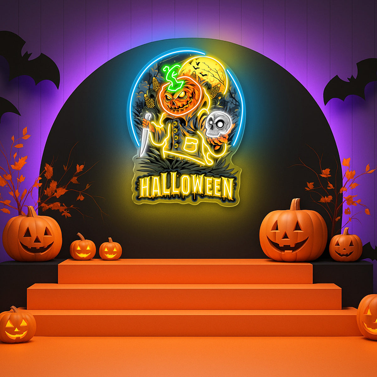 Haunting Halloween Pumpkin Neon Sign – Spooky Jack-O’-Lantern LED Wall Light for Home, Party & Bar Decor
