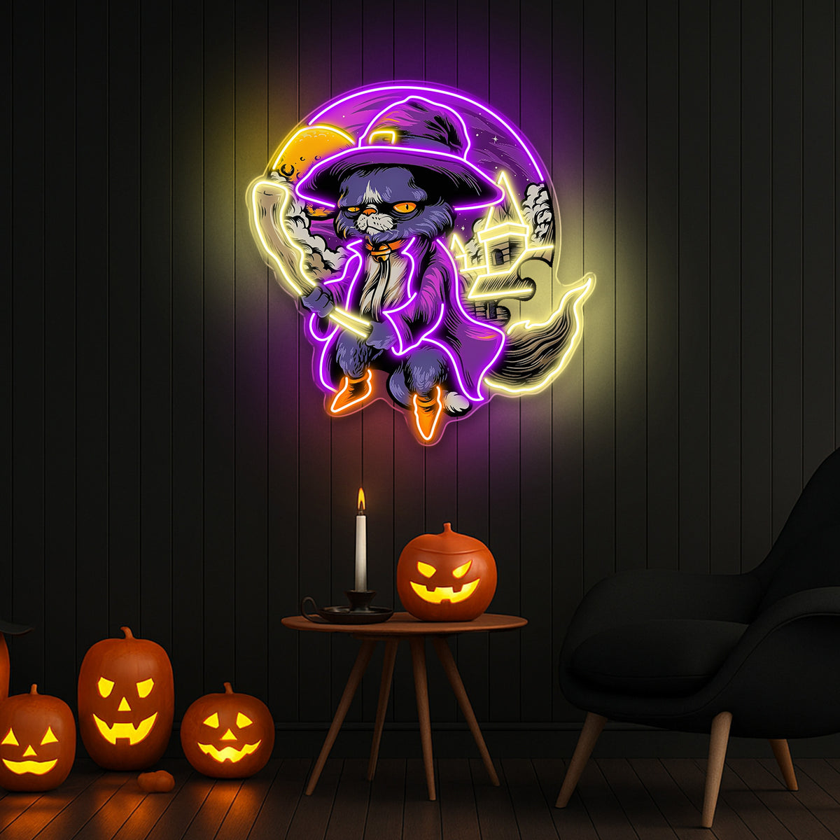 Witchy Black Cat Halloween Neon Sign – Spooky LED Wall Light for Home & Party Decor