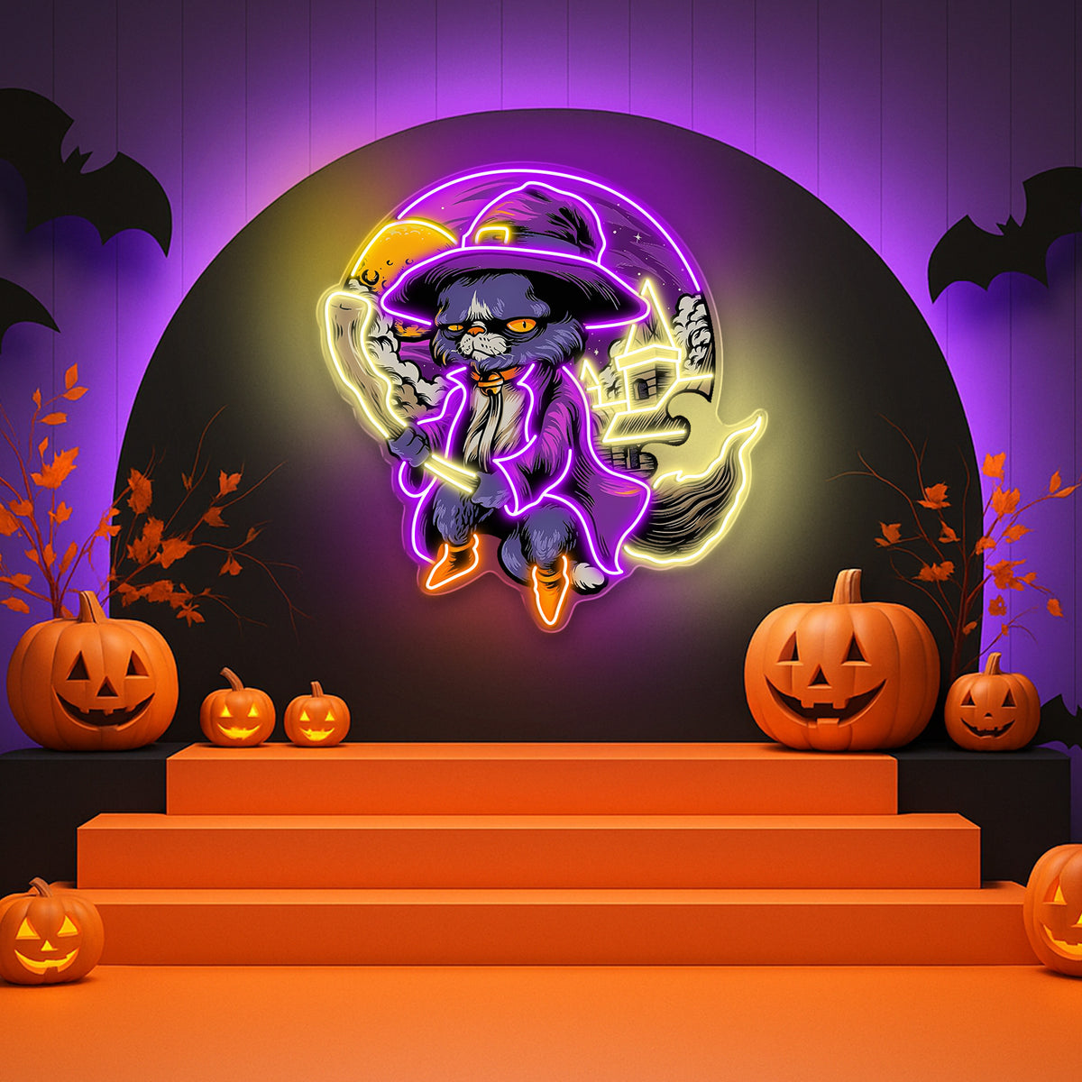 Witchy Black Cat Halloween Neon Sign – Spooky LED Wall Light for Home & Party Decor