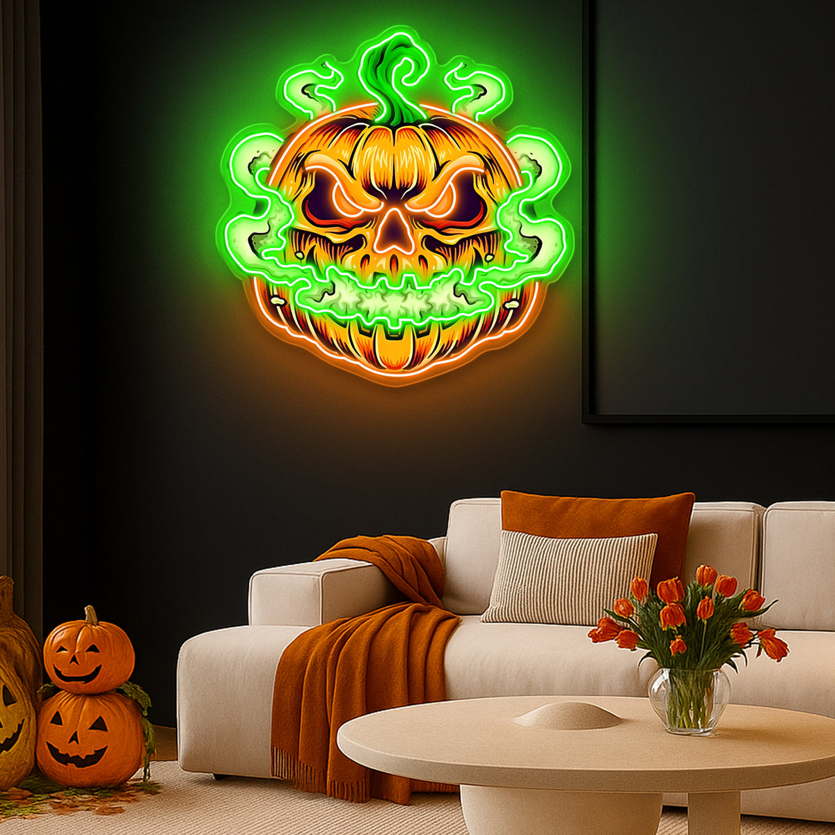 Spooky Glowing Pumpkin Neon Sign – Halloween LED Wall Light for Indoor Decor