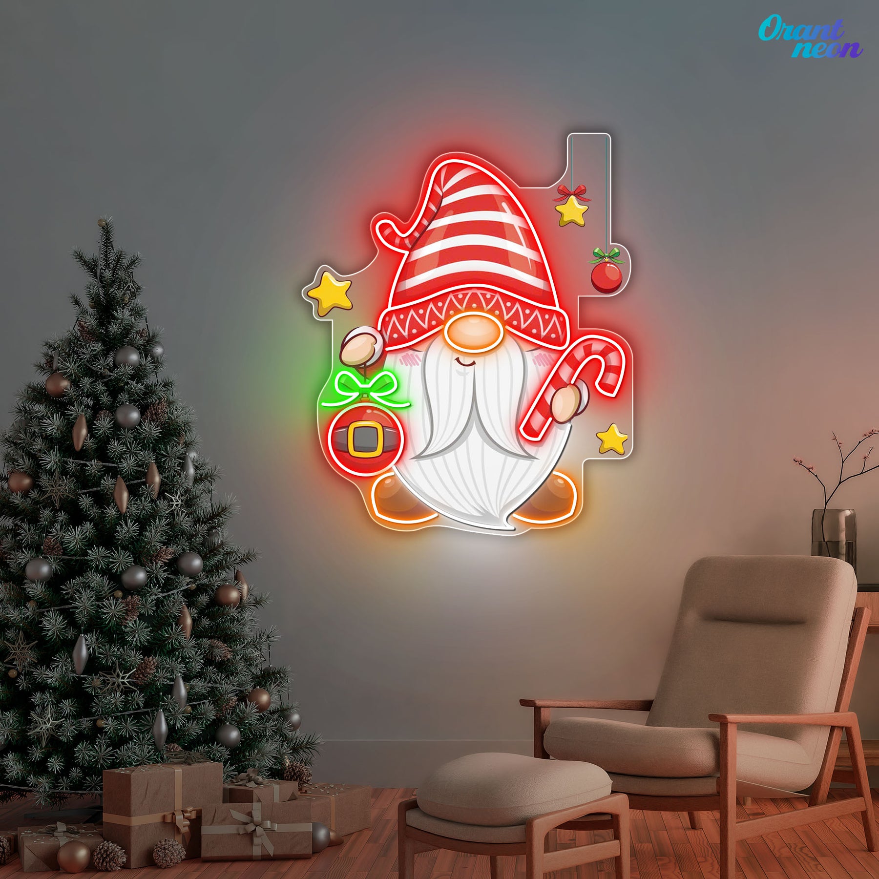 Christmas Dwarf with Bauble and Candy Neon Sign Light Artwork