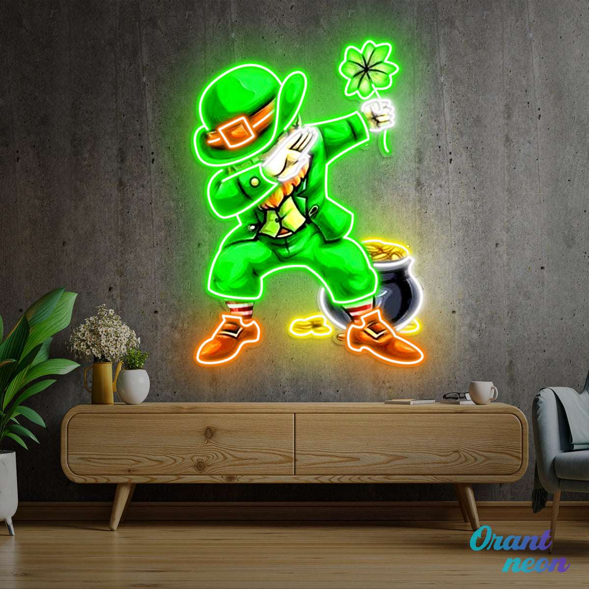 Patrick's Day Goblin Do A Dab and Hold A Four Leaf Clover Led Neon Acrylic Artwork