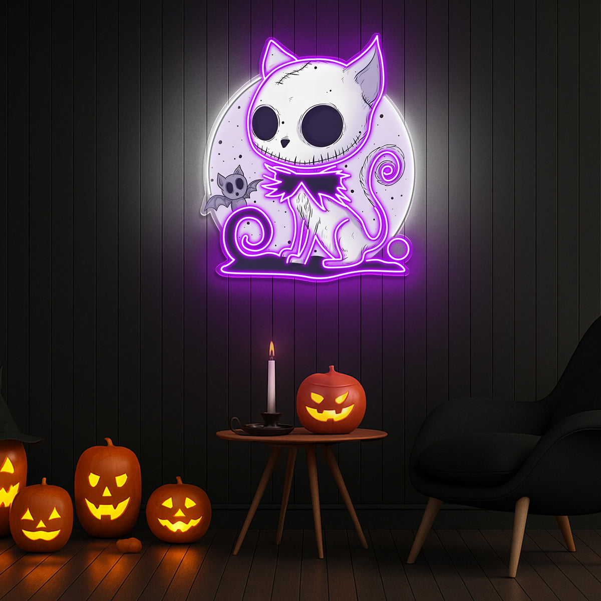 🎃 Spooky Cat & Bat Halloween LED Neon Sign – Glowing Purple Wall Light for Halloween Decor