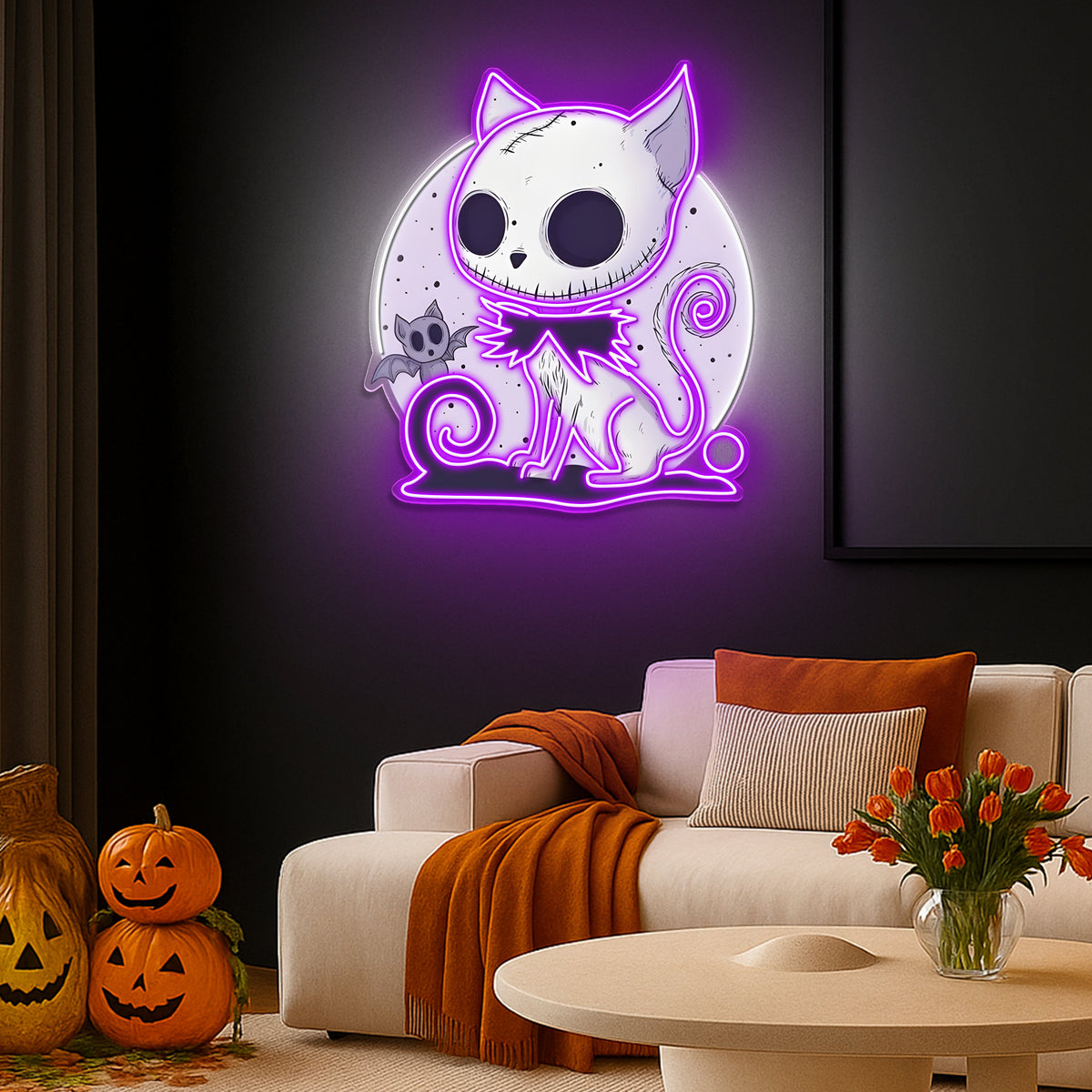 🎃 Spooky Cat & Bat Halloween LED Neon Sign – Glowing Purple Wall Light for Halloween Decor