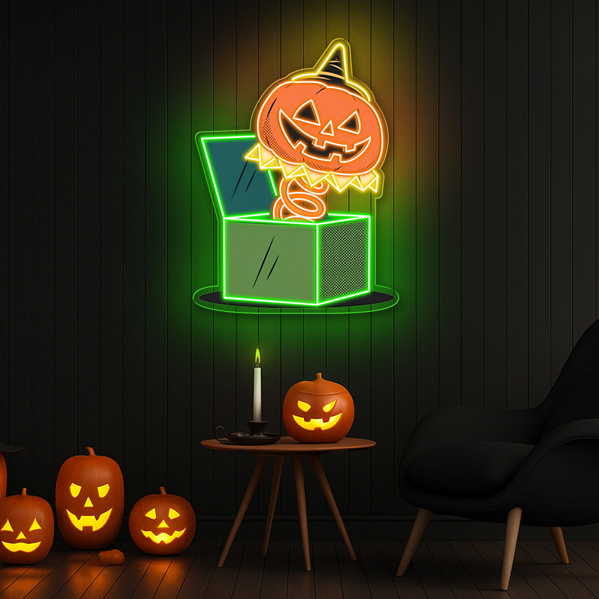 Jack in the Box Pumpkin Halloween Neon Sign – Fun & Spooky Green LED Wall Decor