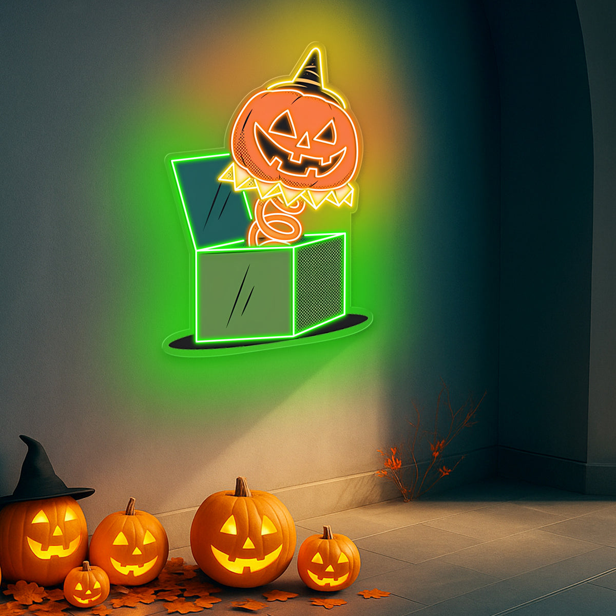 Jack in the Box Pumpkin Halloween Neon Sign – Fun & Spooky Green LED Wall Decor