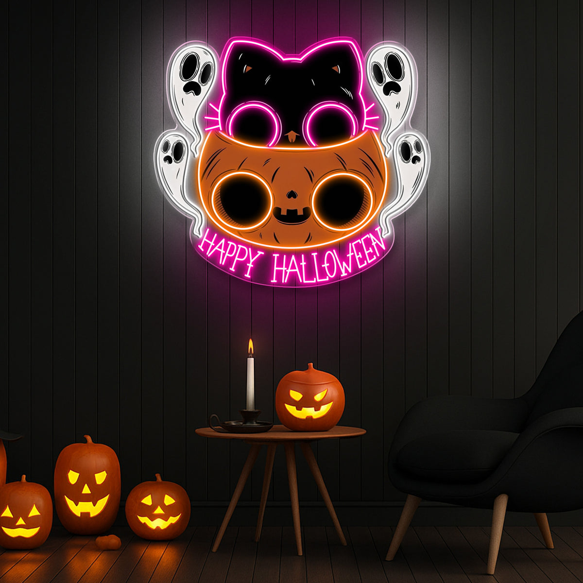 🐾 Cute Halloween Cat & Ghosts LED Neon Sign – Happy Halloween Light