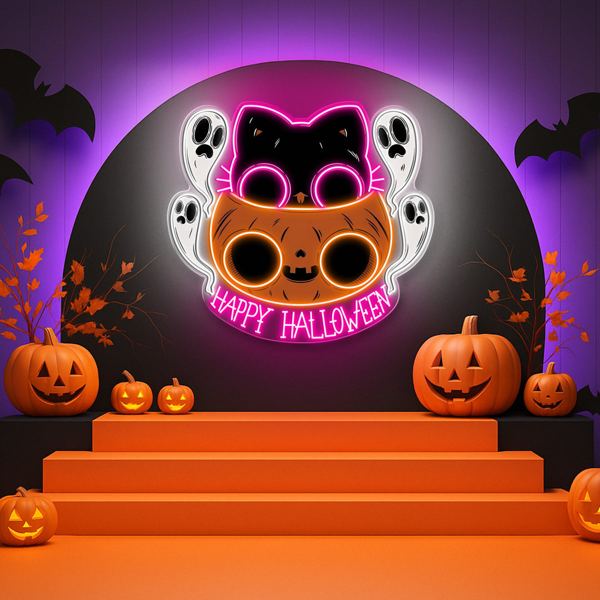 🐾 Cute Halloween Cat & Ghosts LED Neon Sign – Happy Halloween Light