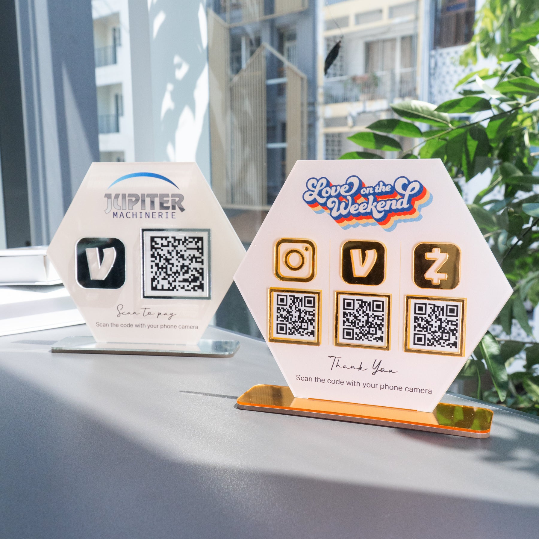 Custom Triple QR Code Hexagon Stand
