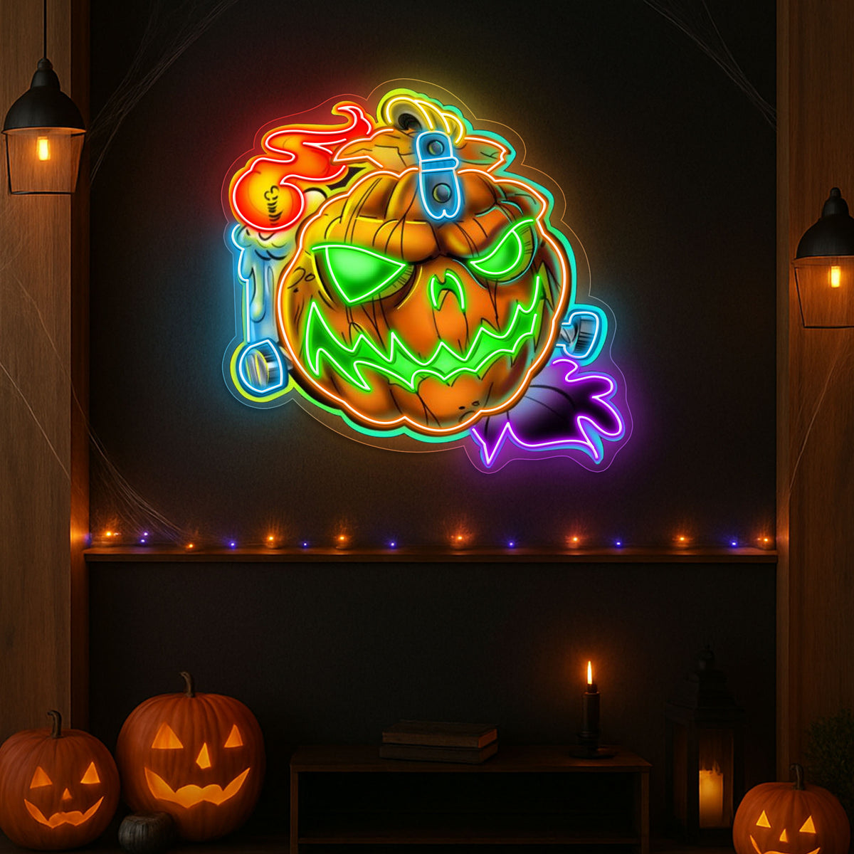 Spooky Pumpkin LED Neon Sign – Halloween Wall Decor with Glowing Green Flames