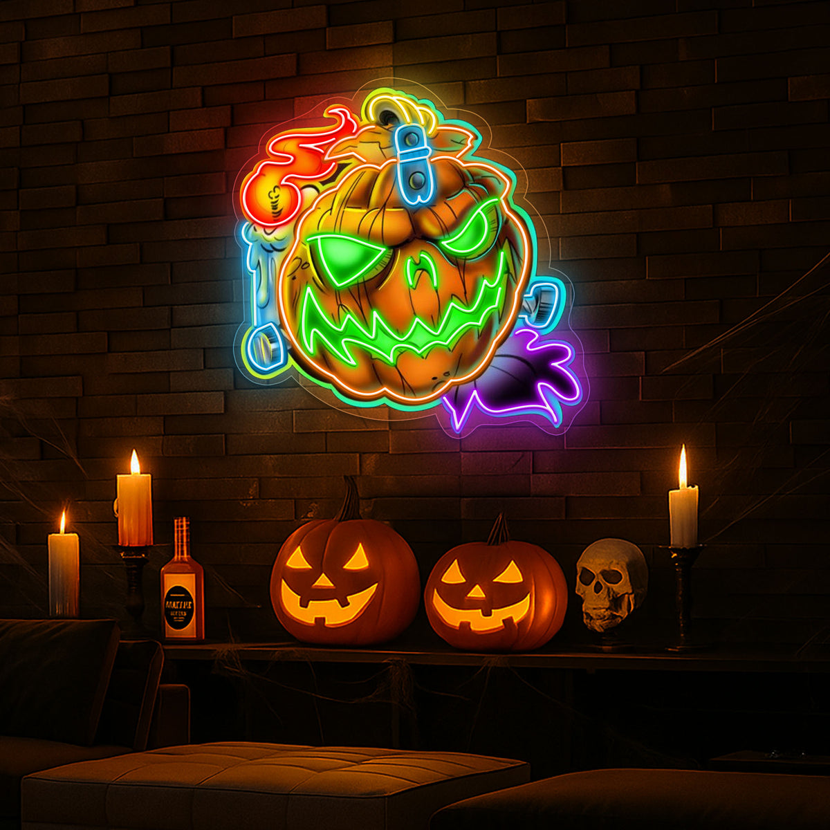 Spooky Pumpkin LED Neon Sign – Halloween Wall Decor with Glowing Green Flames