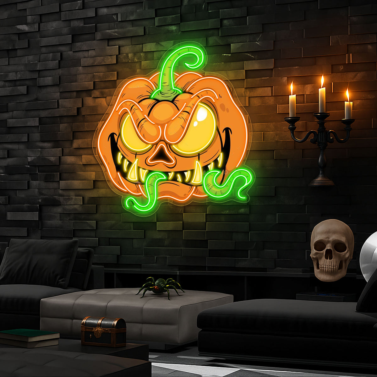 Creepy Crawly Pumpkin LED Neon Sign – Halloween Wall Decor with Glowing Worms