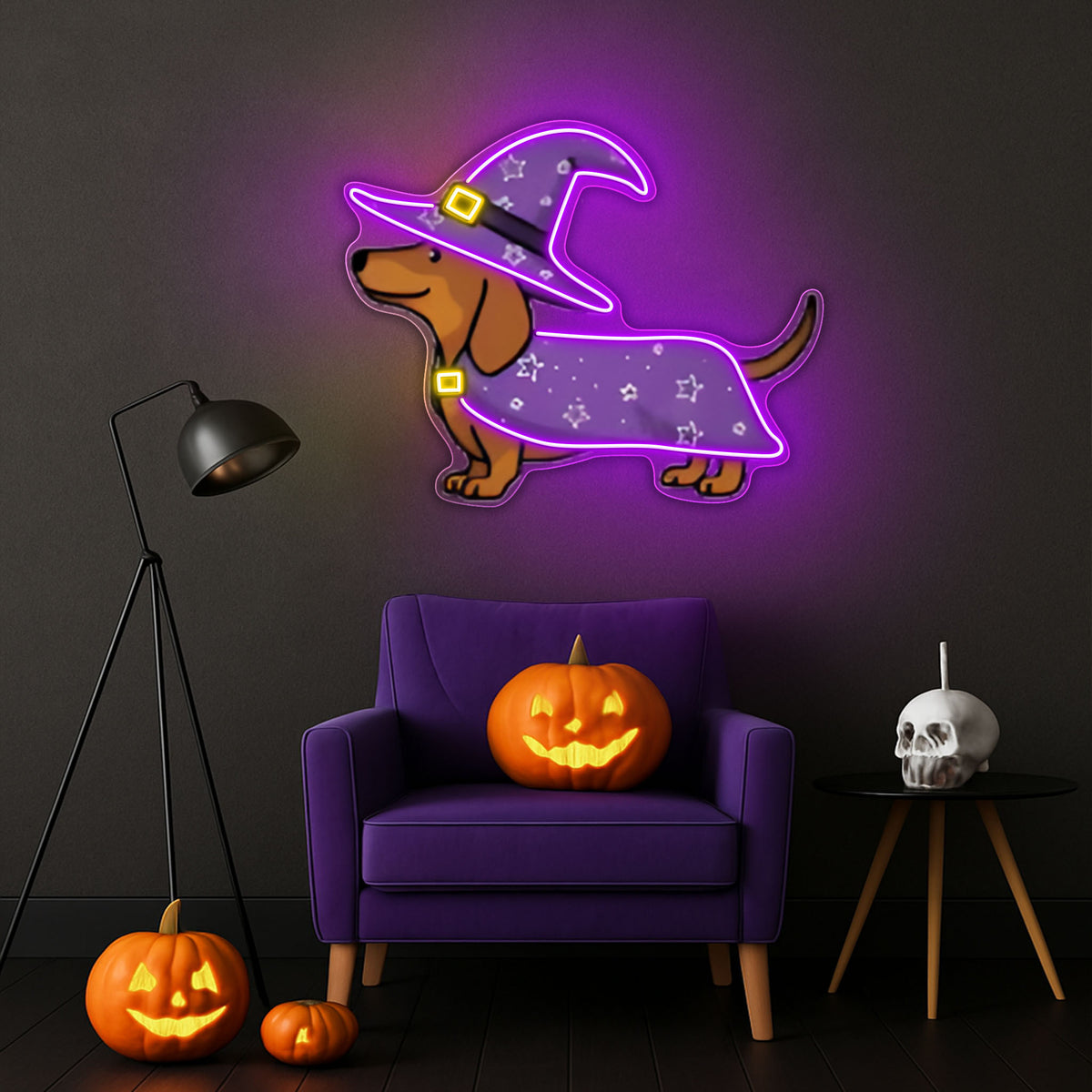 Halloween Dachshund Neon Sign – Cute Witch Dog LED Wall Light for Spooky Home & Party Decor