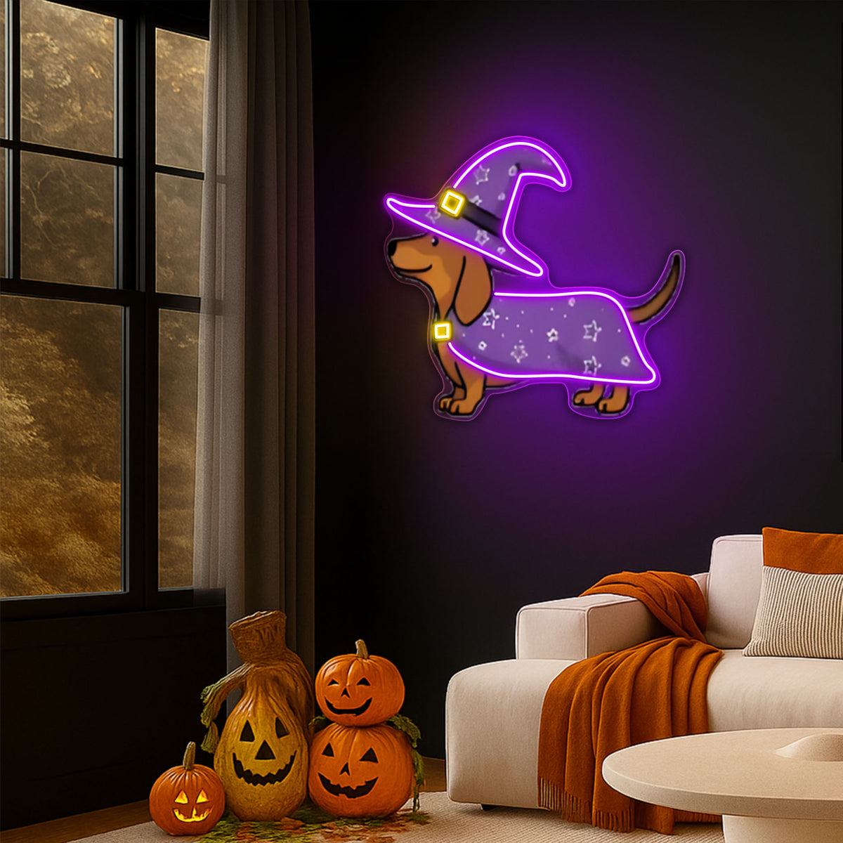 Halloween Dachshund Neon Sign – Cute Witch Dog LED Wall Light for Spooky Home & Party Decor
