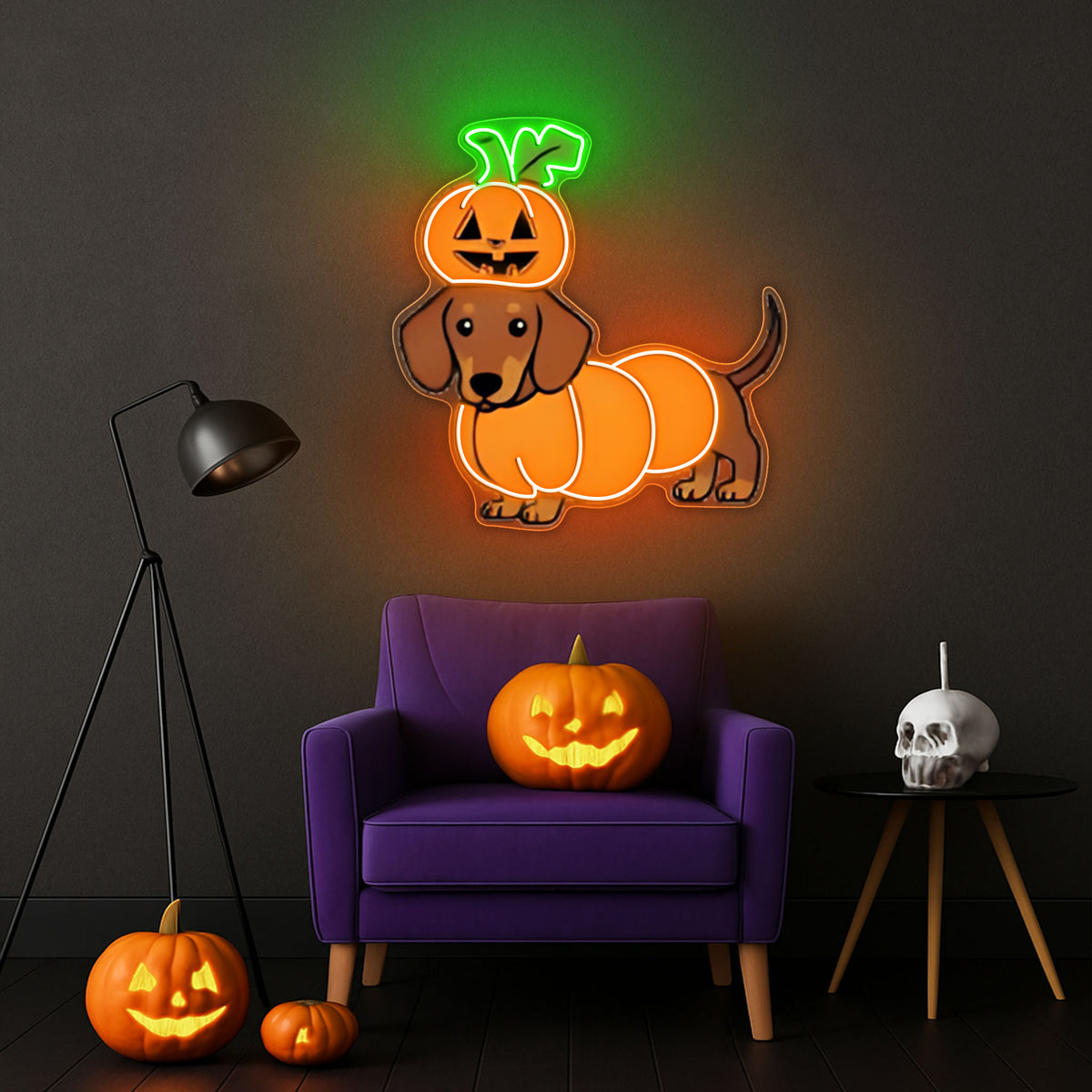 Halloween Pumpkin Dachshund Neon Sign – Cute Dog LED Wall Light for Spooky Home & Party Decor