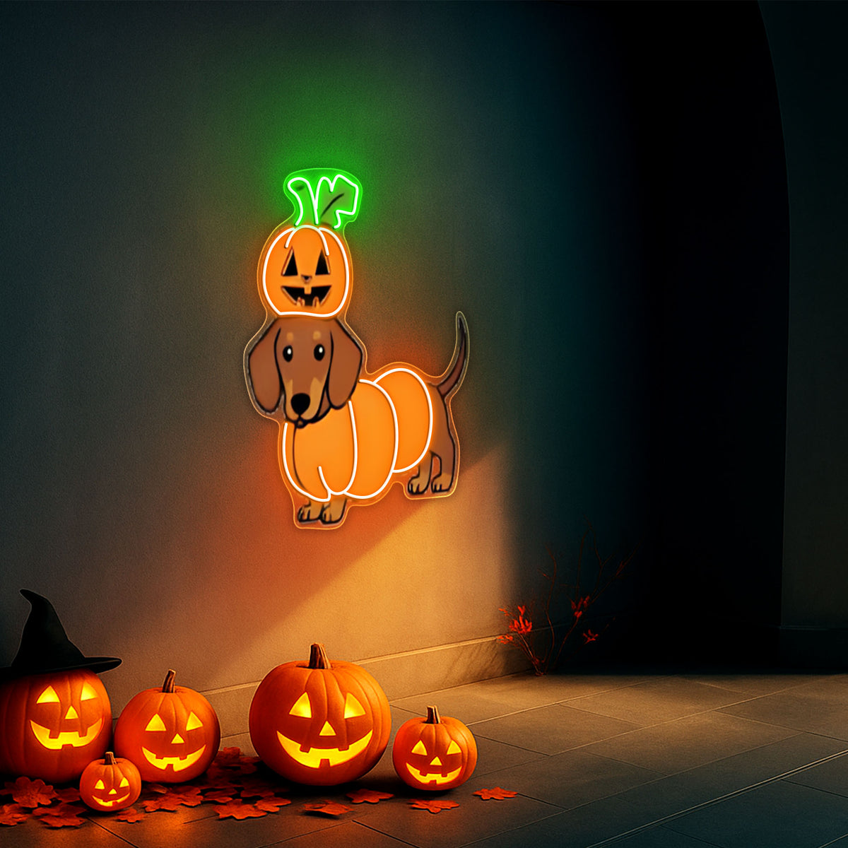 Halloween Pumpkin Dachshund Neon Sign – Cute Dog LED Wall Light for Spooky Home & Party Decor