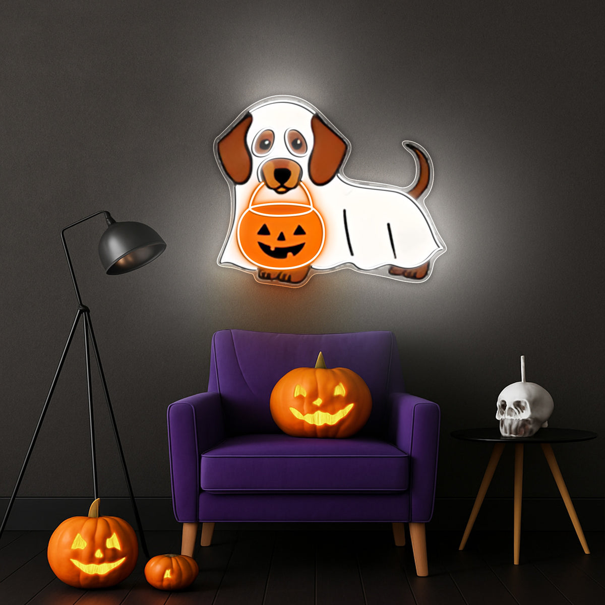 Halloween Ghost Dog Neon Sign – Cute Dachshund LED Wall Light with Pumpkin Bucket for Spooky Home Decor