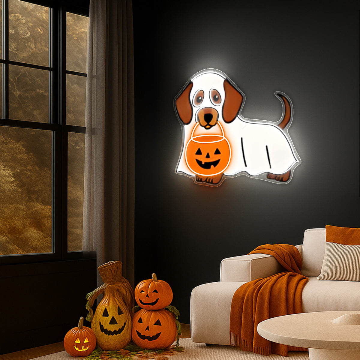 Halloween Ghost Dog Neon Sign – Cute Dachshund LED Wall Light with Pumpkin Bucket for Spooky Home Decor