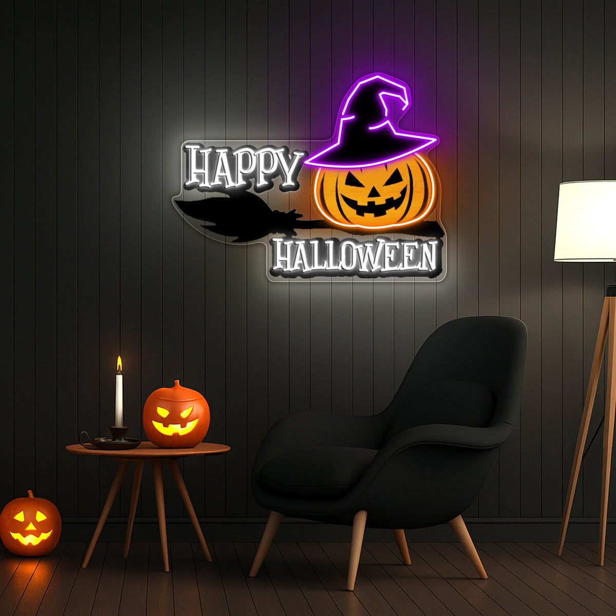 Happy Halloween Neon Sign – Spooky LED Wall Light with Pumpkin & Witch Hat for Party and Home Decor