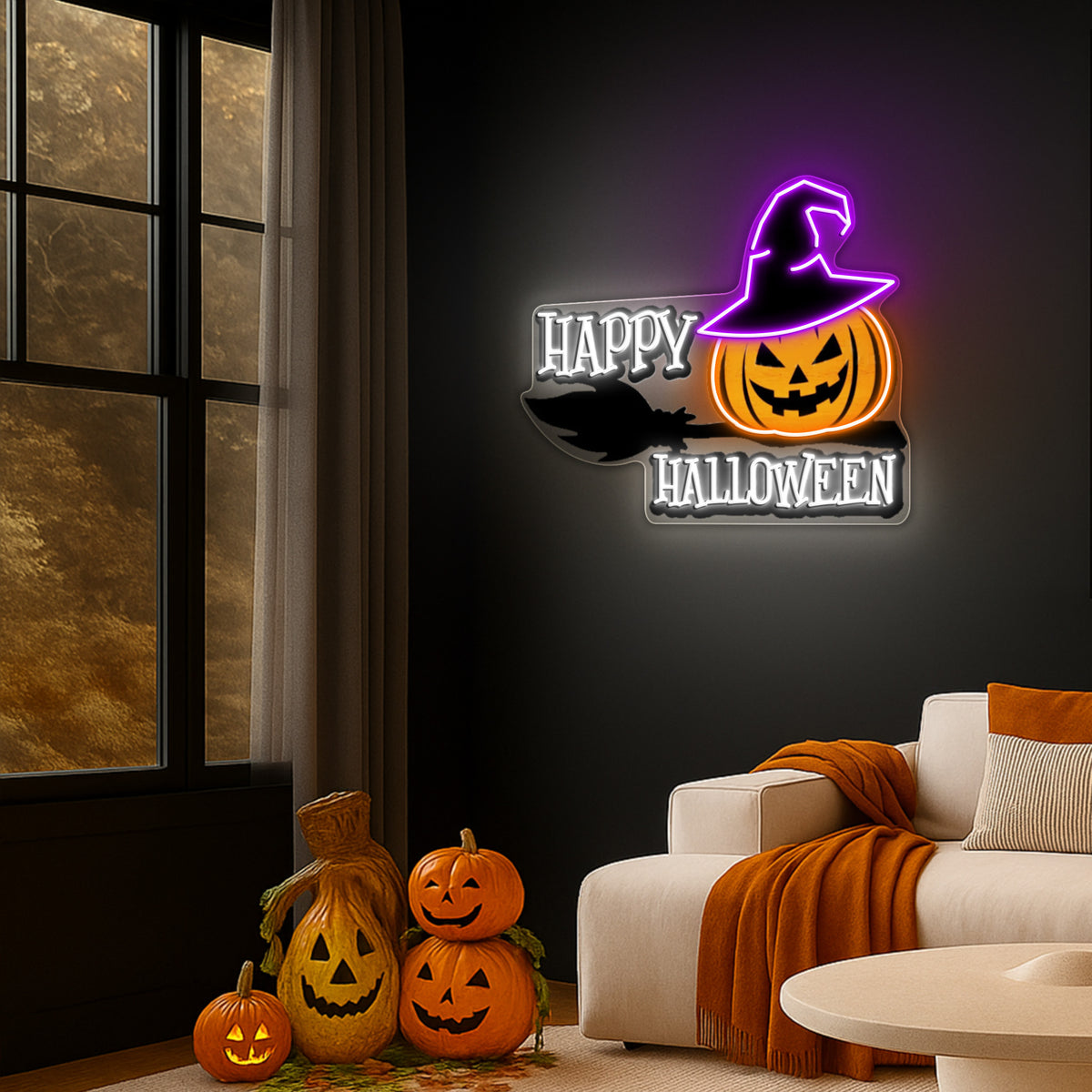 Happy Halloween Neon Sign – Spooky LED Wall Light with Pumpkin & Witch Hat for Party and Home Decor