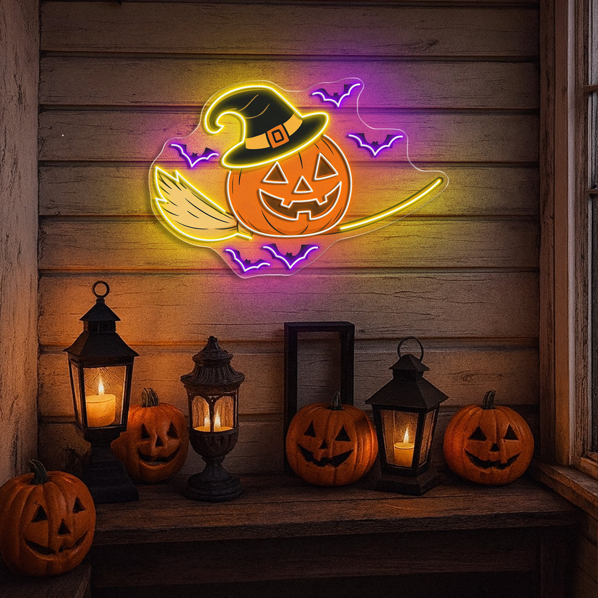 Halloween Witch Pumpkin Neon Sign – Spooky Jack-o’-Lantern LED Wall Light with Bats & Broomstick