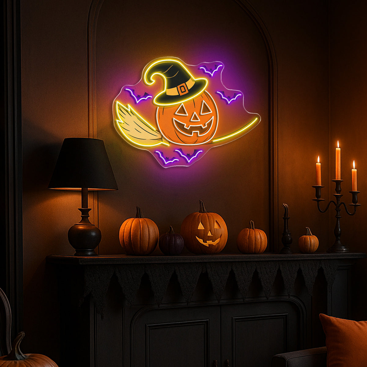 Halloween Witch Pumpkin Neon Sign – Spooky Jack-o’-Lantern LED Wall Light with Bats & Broomstick