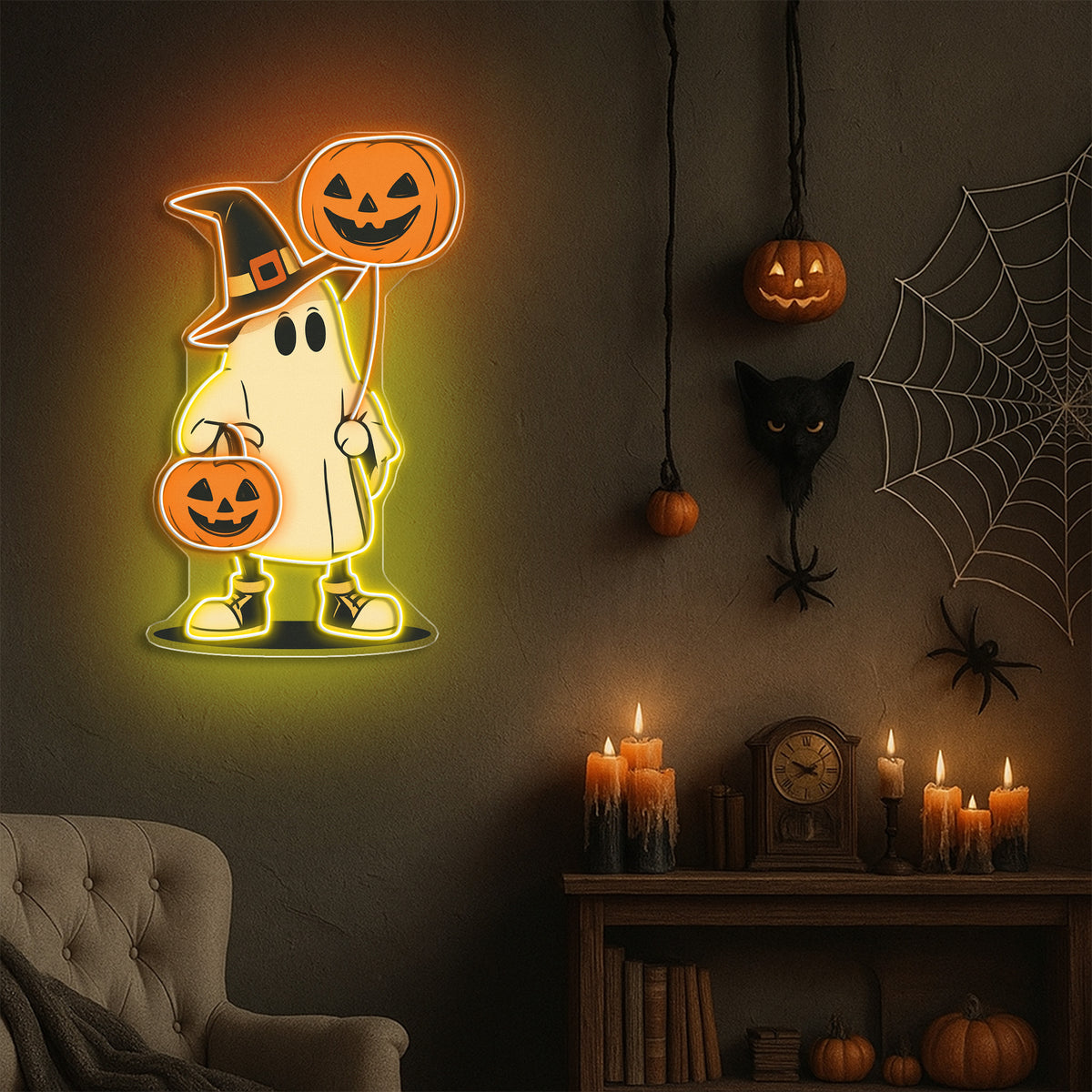 Halloween Ghost Neon Sign – Cute Spooky LED Wall Light with Pumpkin Balloon & Candy Bucket