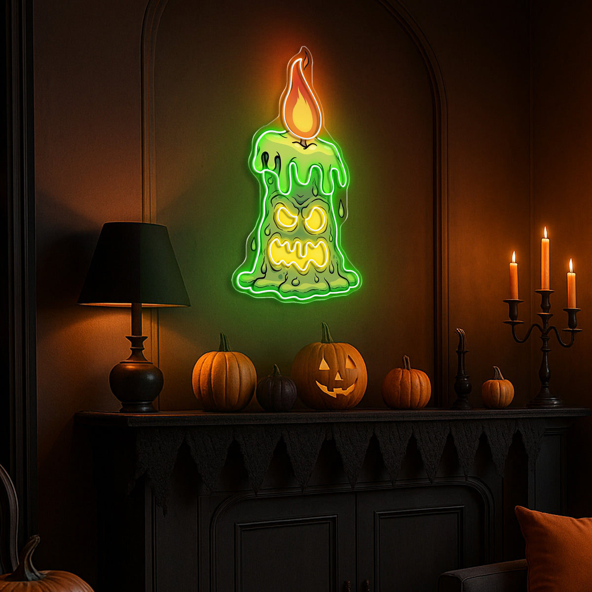 Halloween Creepy Candle Neon Sign – Spooky LED Wall Light for Haunted House & Party Decor