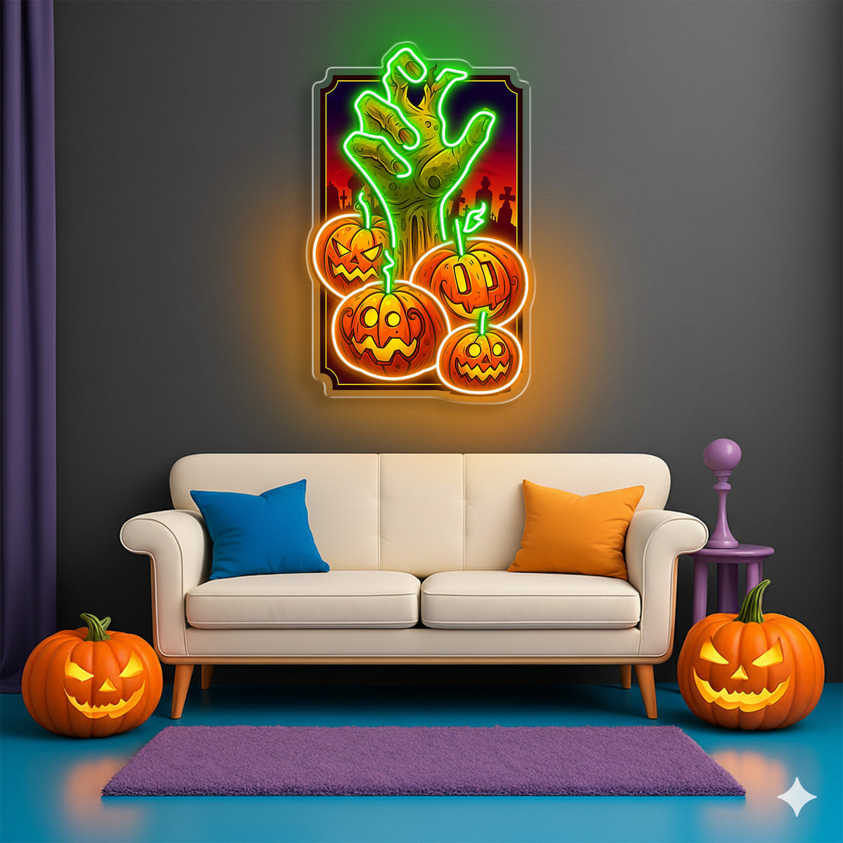 Halloween Zombie Hand Neon Sign – Scary LED Wall Light with Pumpkins for Haunted House & Party Decor