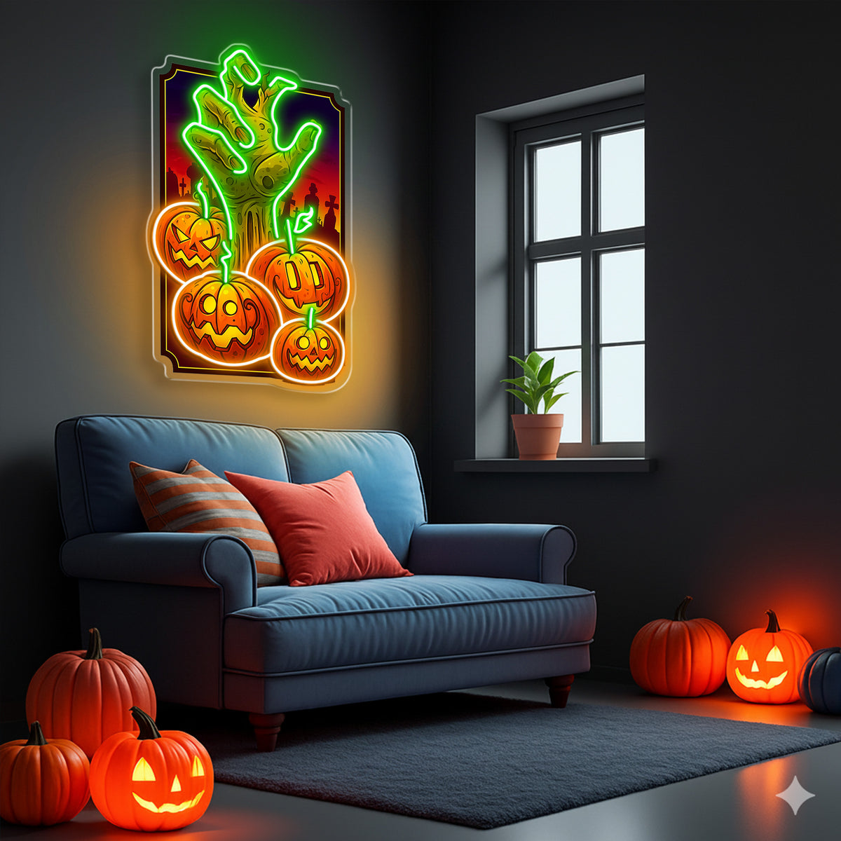 Halloween Zombie Hand Neon Sign – Scary LED Wall Light with Pumpkins for Haunted House & Party Decor