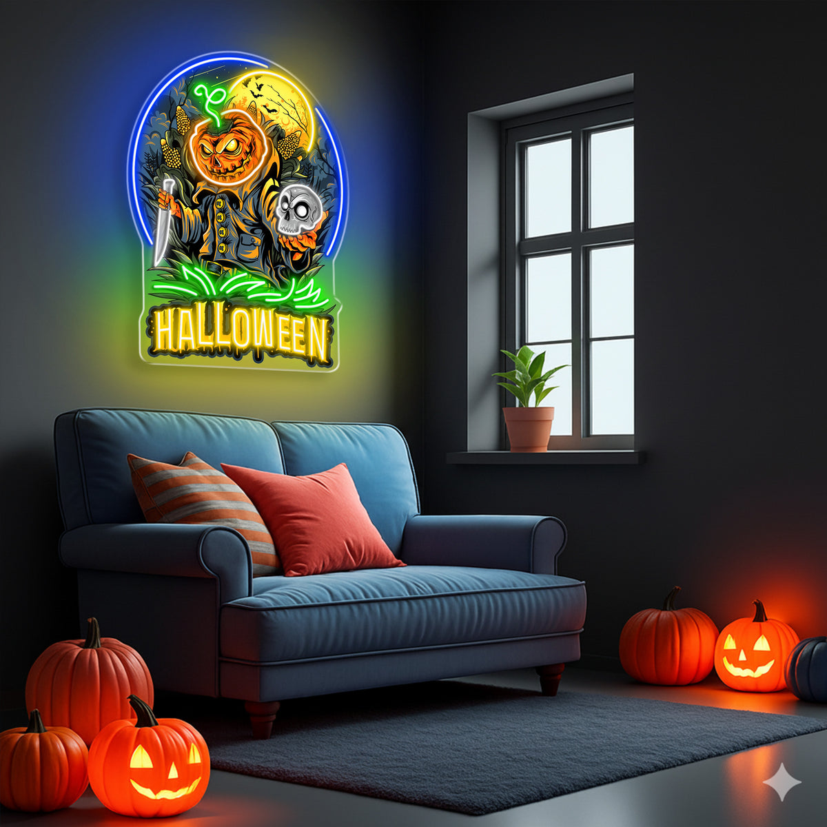 Halloween Pumpkin Warrior Neon Sign – Scary LED Wall Light with Skull & Knife for Haunted Decor