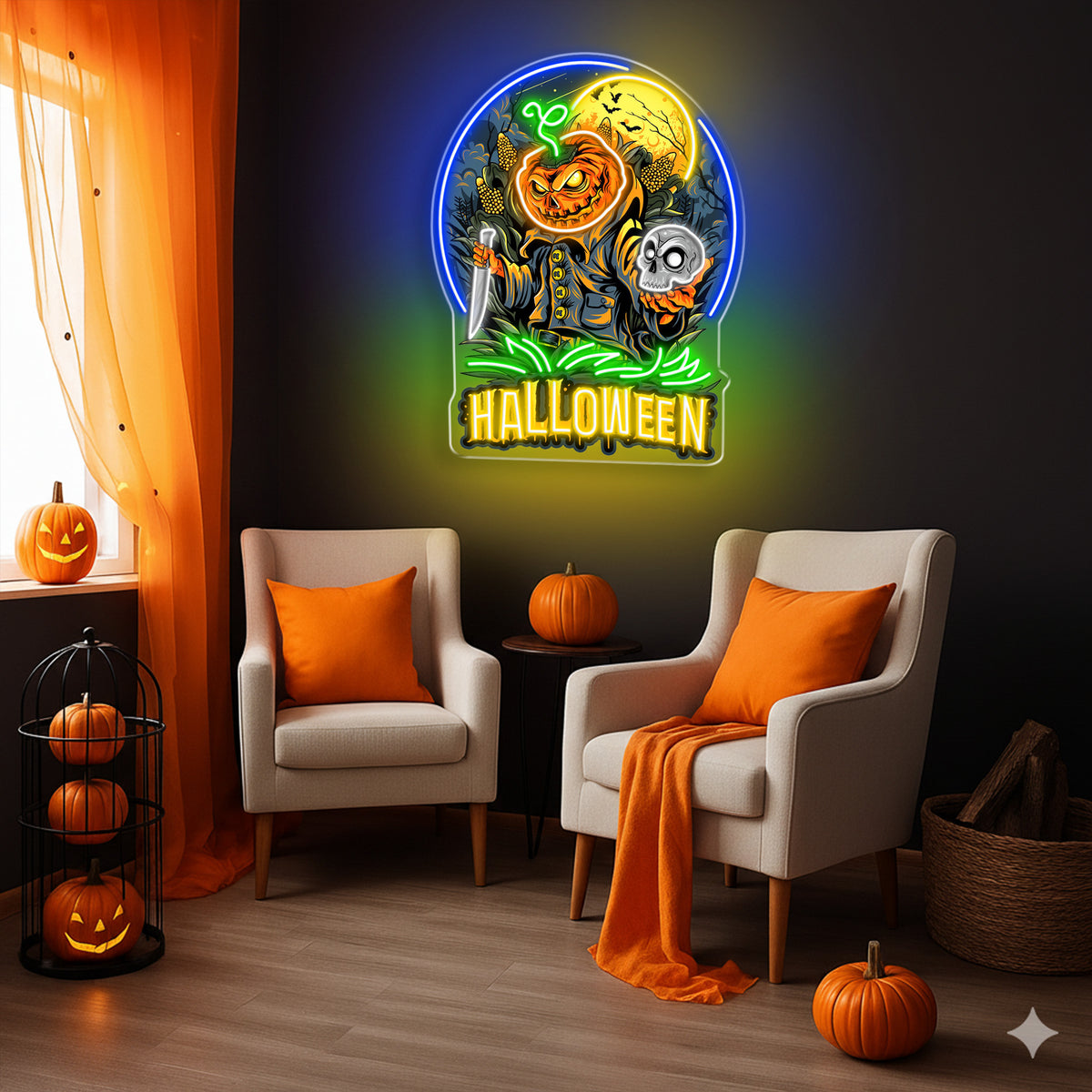 Halloween Pumpkin Warrior Neon Sign – Scary LED Wall Light with Skull & Knife for Haunted Decor