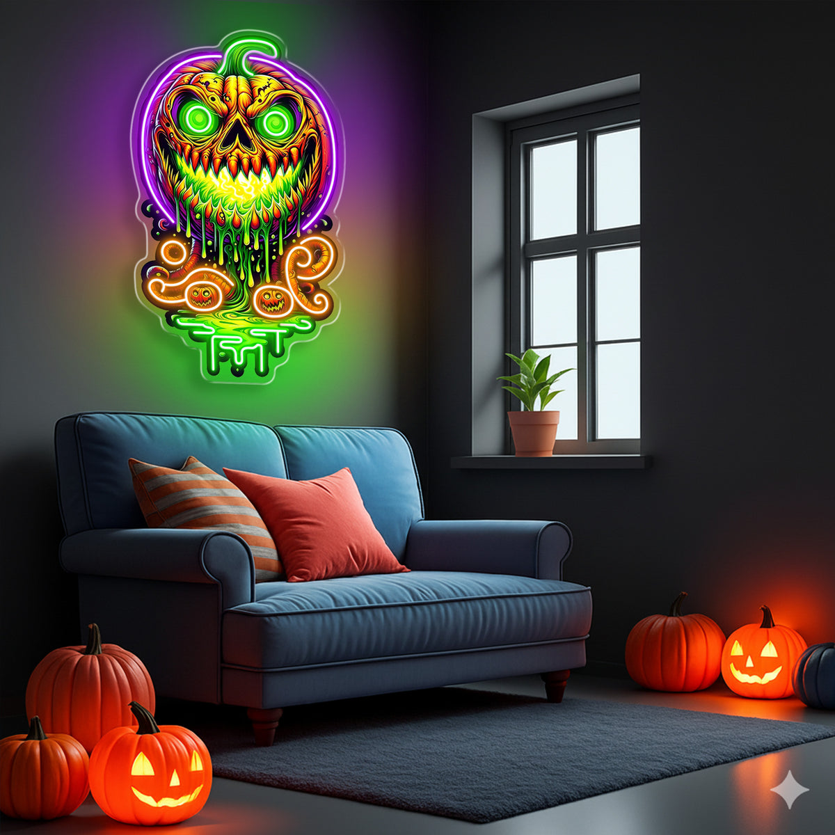 Halloween Evil Pumpkin Neon Sign – Creepy LED Wall Light with Glowing Eyes for Haunted Decor