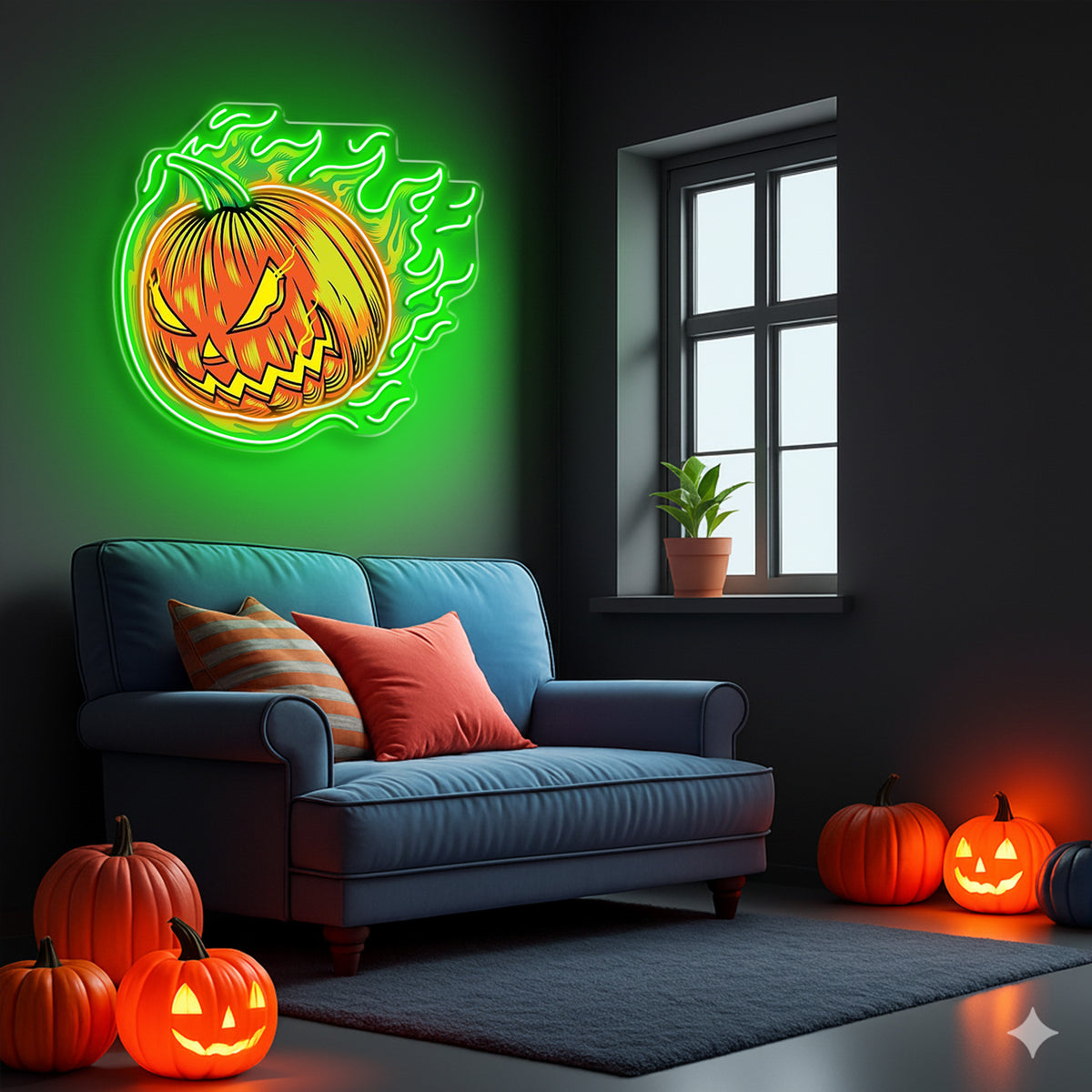 Halloween Flaming Pumpkin Neon Sign – Scary Jack-o’-Lantern LED Wall Light for Haunted Decor
