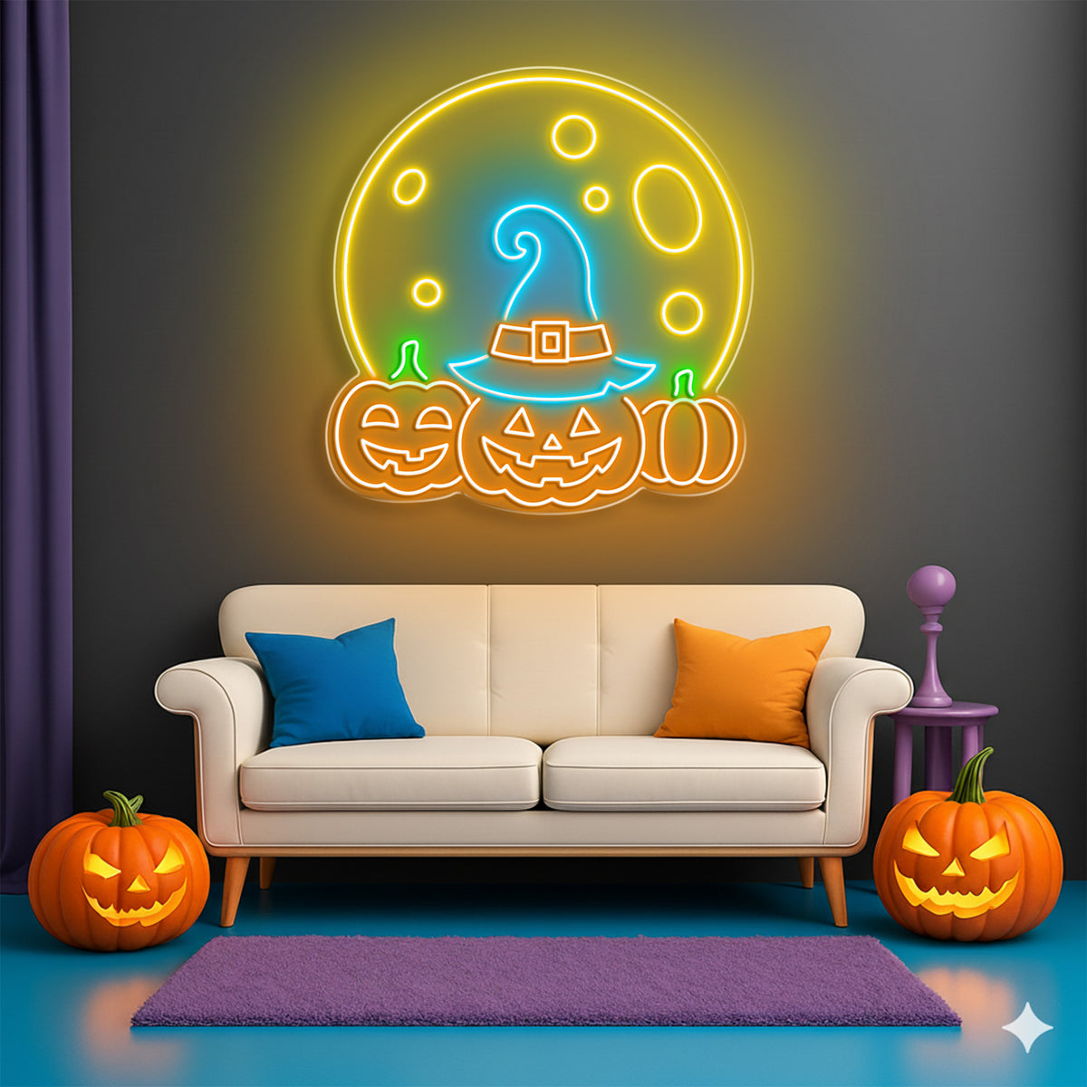 Halloween Pumpkin Moon Neon Sign – Spooky LED Wall Light with Witch Hat & Jack-o’-Lanterns