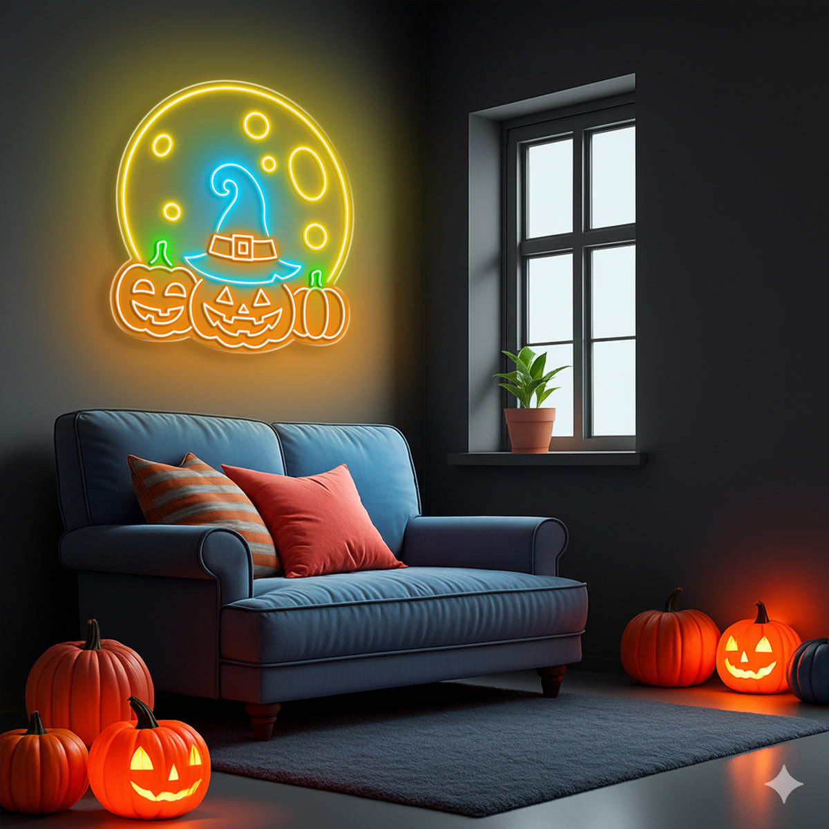 Halloween Pumpkin Moon Neon Sign – Spooky LED Wall Light with Witch Hat & Jack-o’-Lanterns