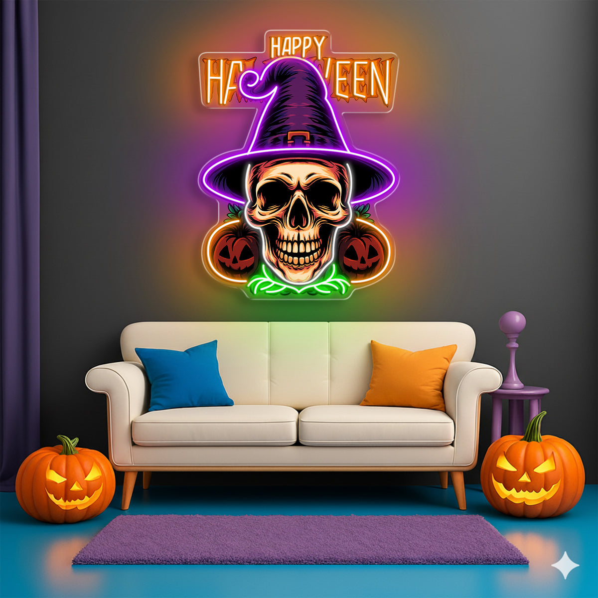 Halloween Skull Witch Neon Sign – Spooky LED Wall Light with Pumpkins for Haunted Decor