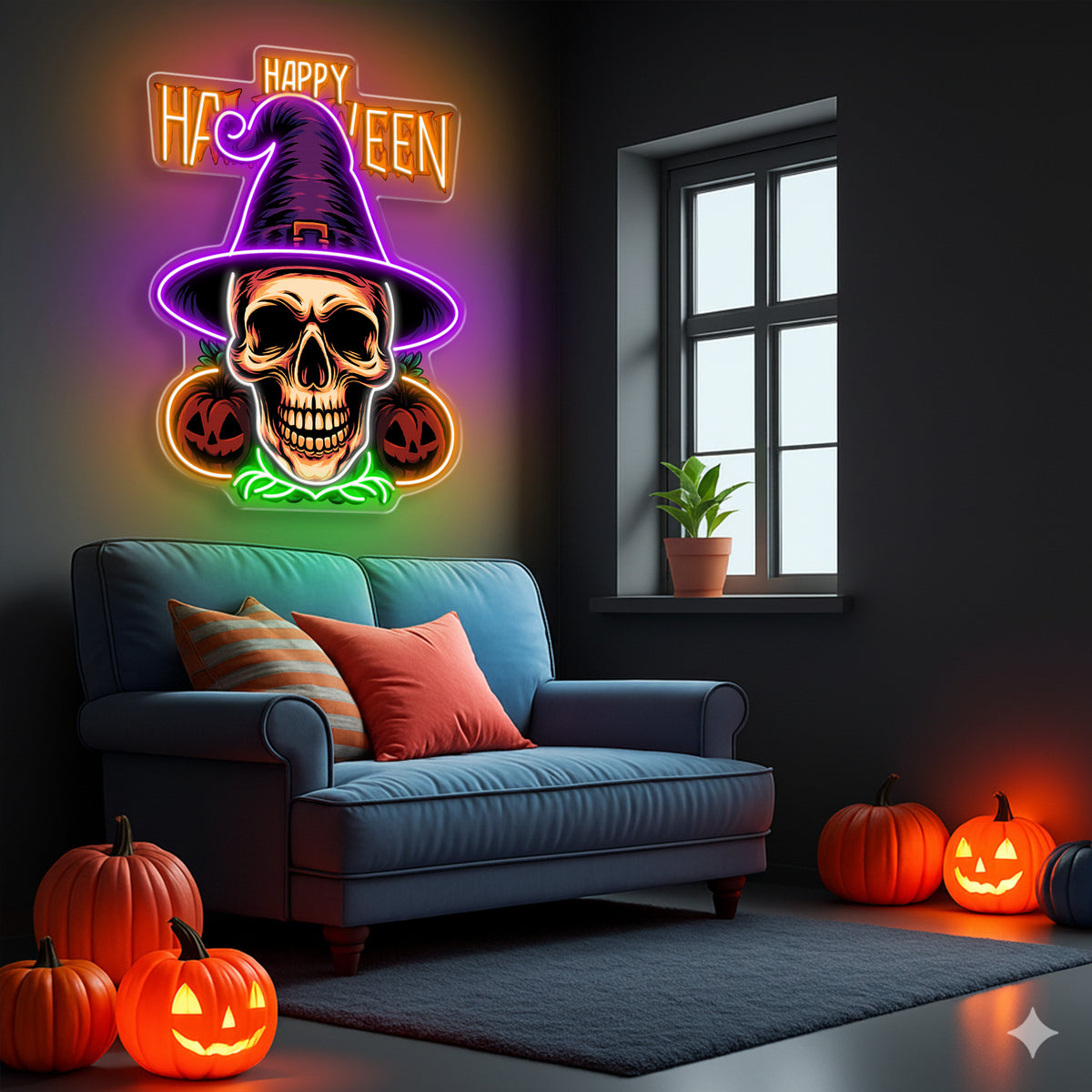 Halloween Skull Witch Neon Sign – Spooky LED Wall Light with Pumpkins for Haunted Decor