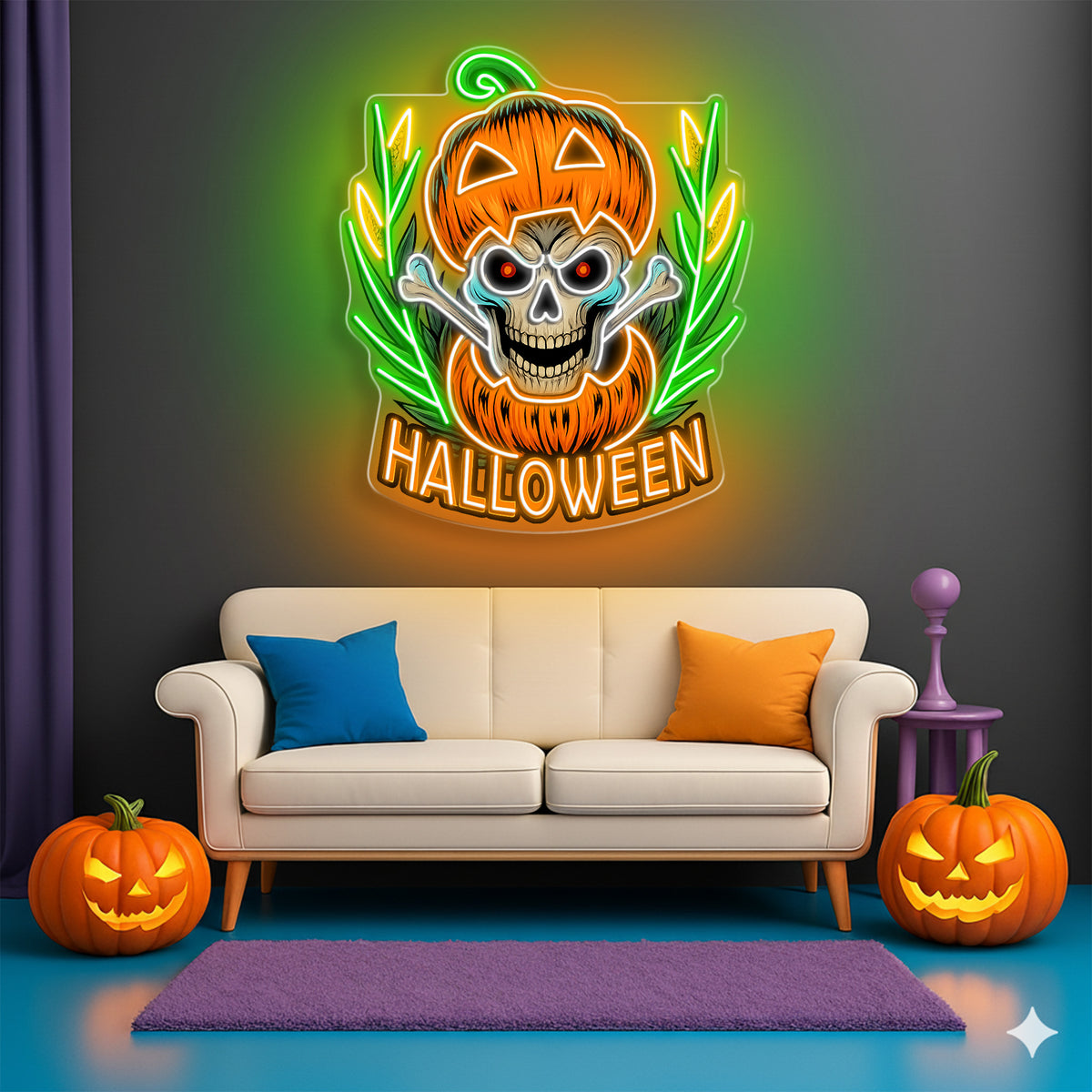 Halloween Skull Pumpkin Neon Sign – Spooky Jack-o’-Lantern LED Wall Light with Bones for Haunted Decor