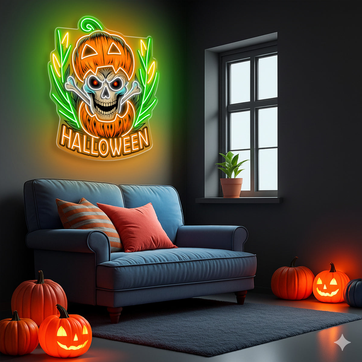 Halloween Skull Pumpkin Neon Sign – Spooky Jack-o’-Lantern LED Wall Light with Bones for Haunted Decor
