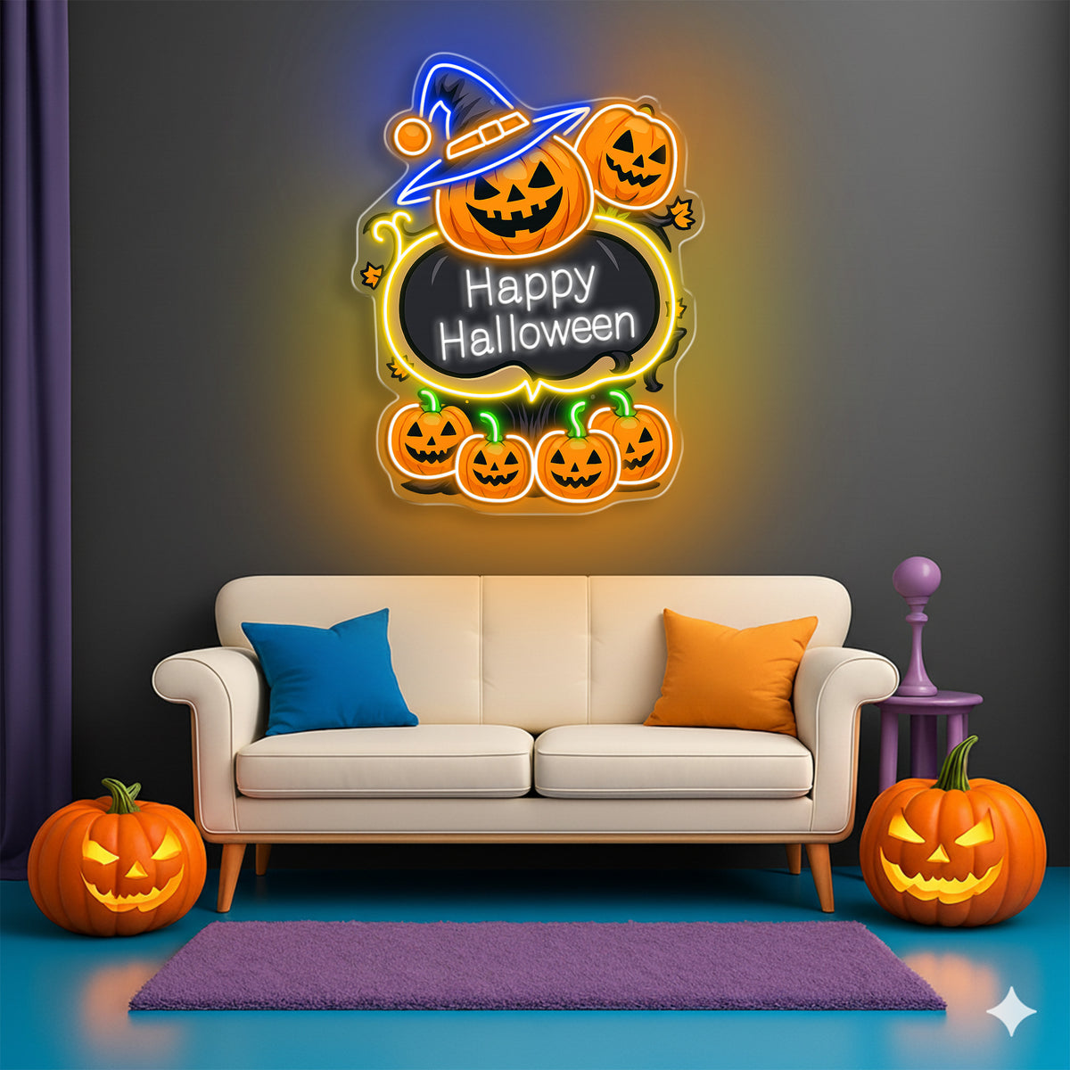 Happy Halloween Pumpkin Neon Sign – LED Wall Light with Witch Hat & Jack-o’-Lanterns for Spooky Decor