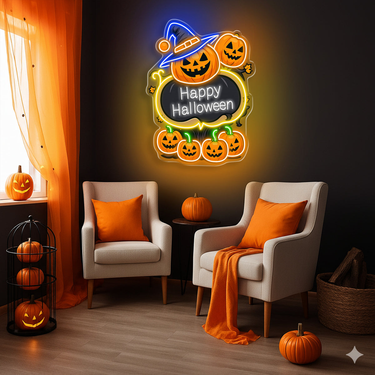 Happy Halloween Pumpkin Neon Sign – LED Wall Light with Witch Hat & Jack-o’-Lanterns for Spooky Decor