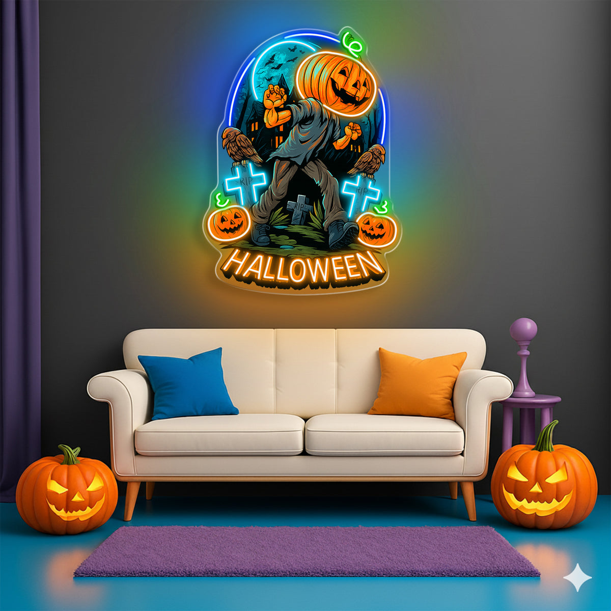 Halloween Pumpkin Zombie Neon Sign – Creepy LED Wall Light for Haunted House & Party Decor