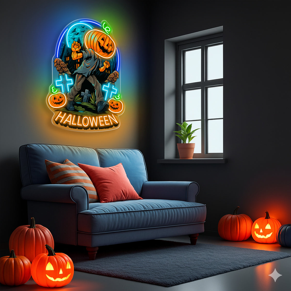Halloween Pumpkin Zombie Neon Sign – Creepy LED Wall Light for Haunted House & Party Decor