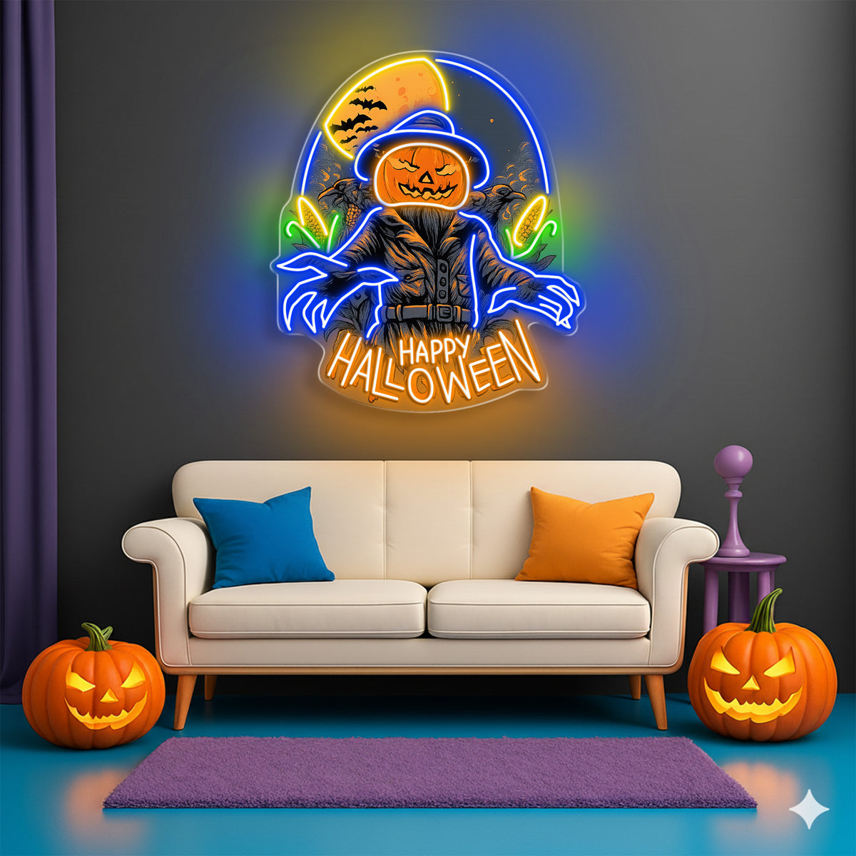 Halloween Scarecrow Pumpkin Neon Sign – Spooky LED Wall Light for Haunted House & Party Decor