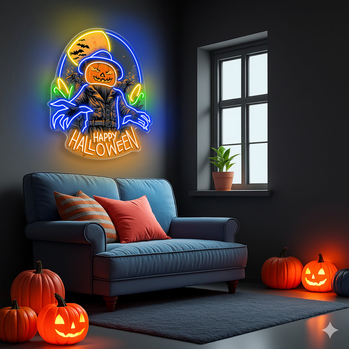 Halloween Scarecrow Pumpkin Neon Sign – Spooky LED Wall Light for Haunted House & Party Decor