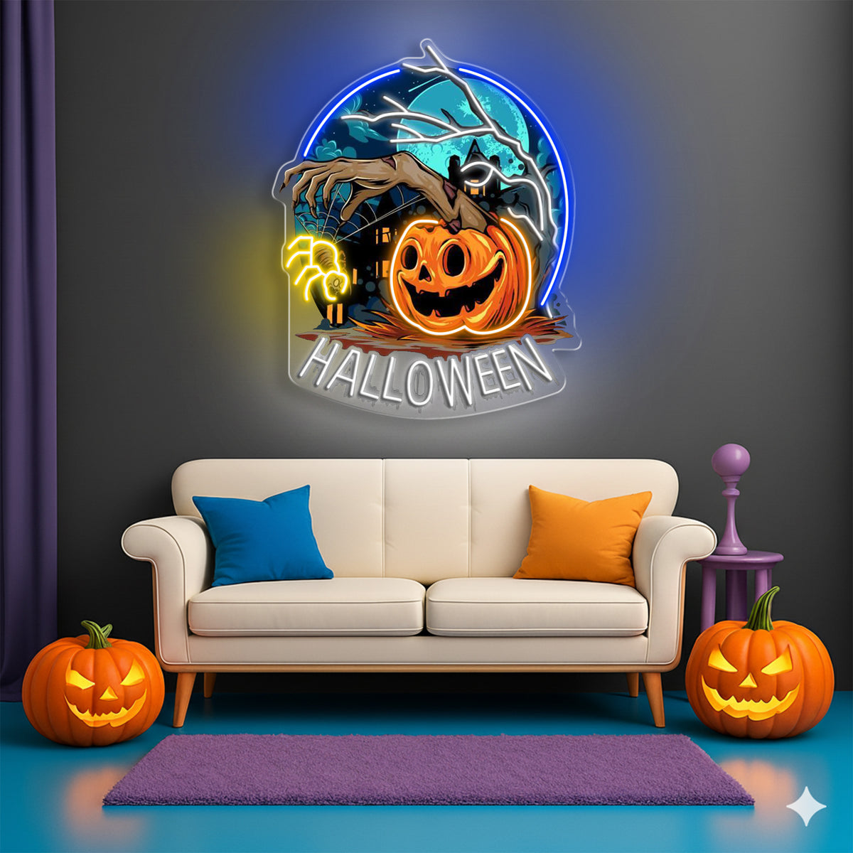 Creepy Pumpkin Hand Neon Sign – Halloween LED Wall Light for Haunted House & Party Decor