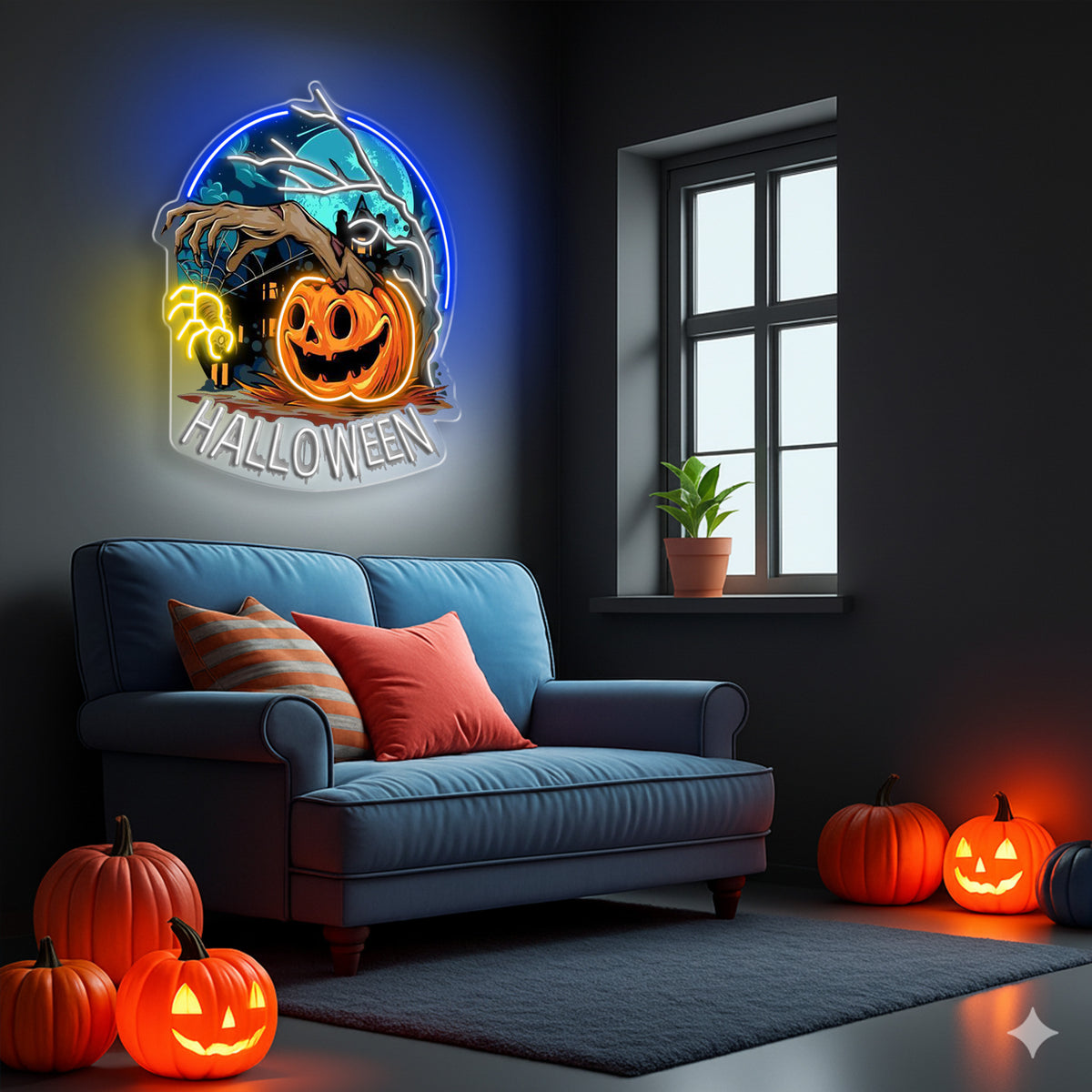 Creepy Pumpkin Hand Neon Sign – Halloween LED Wall Light for Haunted House & Party Decor