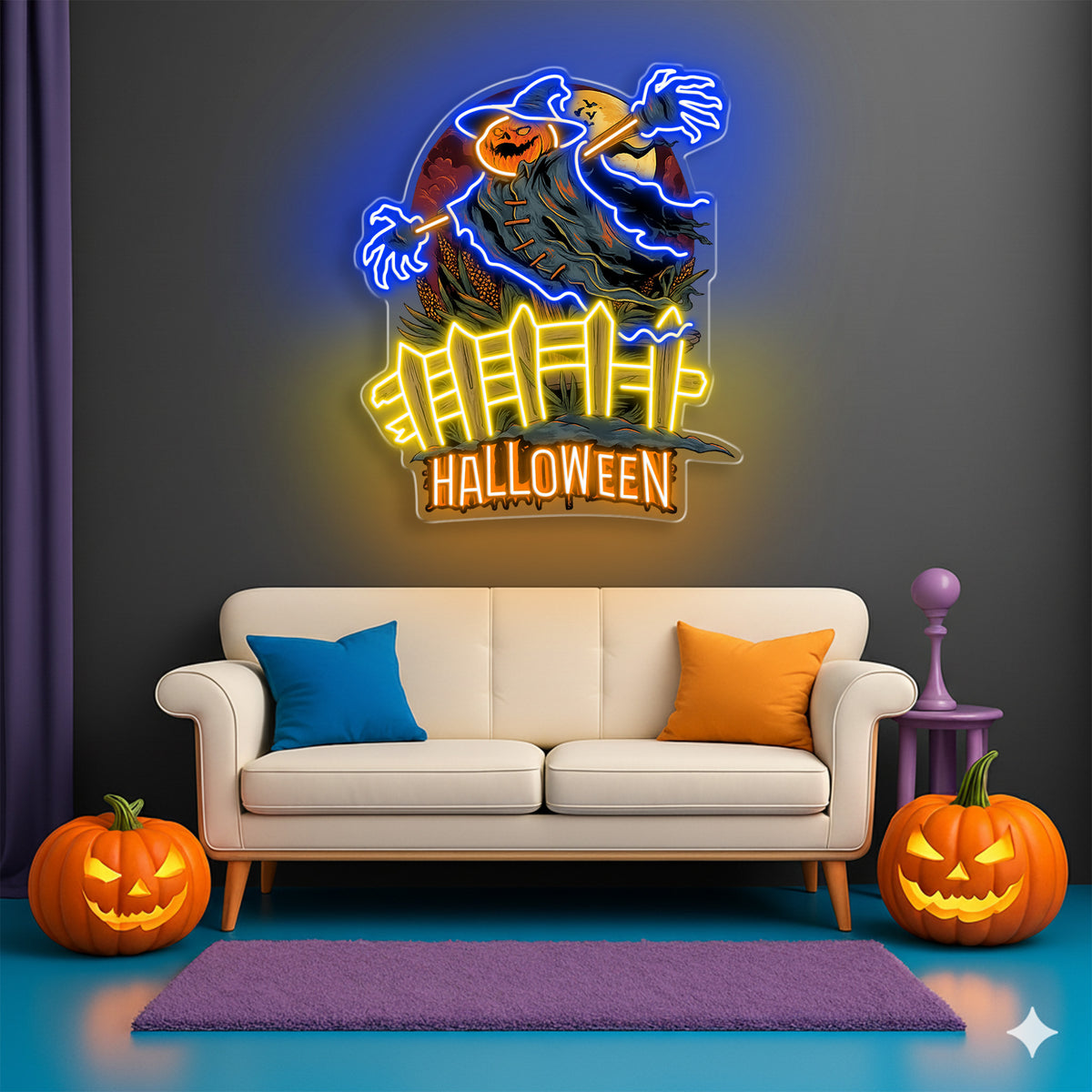 Scary Pumpkin Scarecrow Neon Sign – Halloween LED Wall Light for Spooky Party & Haunted House Décor